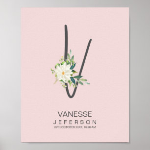 V Bokstavsmonogram Rosa Blommig Dekor