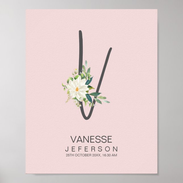 V Bokstavsmonogram Rosa Blommig Dekor (Framsidan)