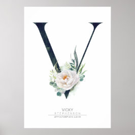 V Bokstavsmonogram Vita Blommor och Grönska Poster