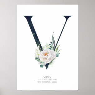 V Bokstavsmonogram Vita Blommor och Grönska Poster