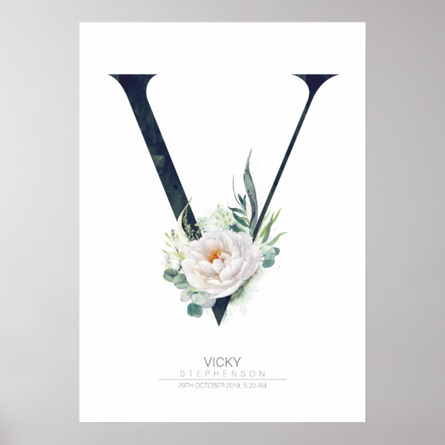 V Bokstavsmonogram Vita Blommor och Grönska Poster (Framsidan)