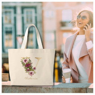V Brev Guld Monogram Marsala White-Blommigtarna Jumbo Tygkasse