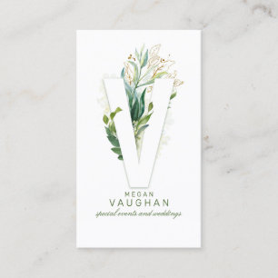 V Brev Monogram Guld Greenery Löv Elegant Visitkort