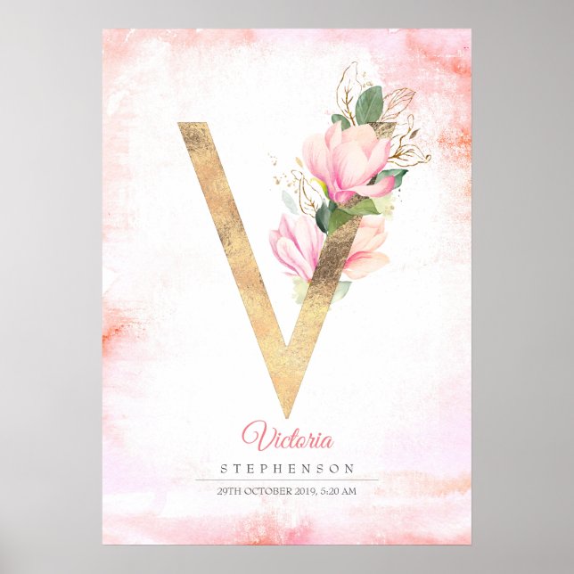 V Brev Monogram Guld Löv Rosa Magnolia Blommigt Poster (Framsidan)