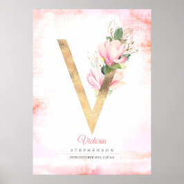 V Brev Monogram Guld Löv Rosa Magnolia Blommigt Poster