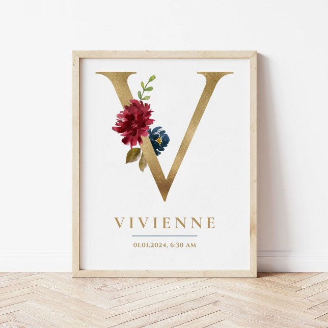 V Brev Monogram Namn Marsala Blommigt Nursery Poster (Skapare uppladdad)
