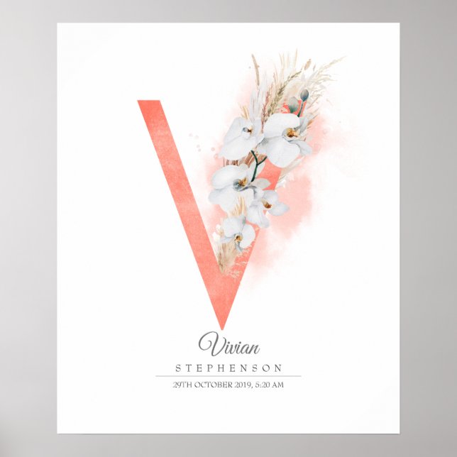 V Brev Monogram White Orchids och Pampas Grass Poster (Framsidan)