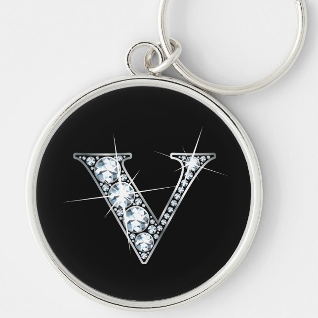 "V" Diamond Bling-nyckelkedja Rund Silverfärgad Nyckelring (Framsidan)
