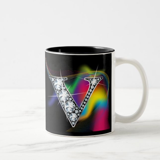 "V" Diamond Bling på Rainbow Swirl Mugg (Höger)