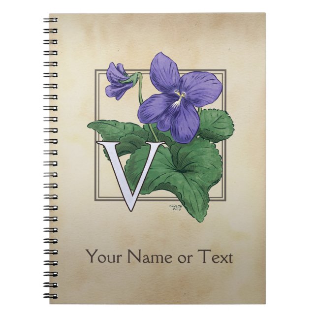 V för den violetta blommaalfabetmonogramen anteckningsbok (Framsidan)