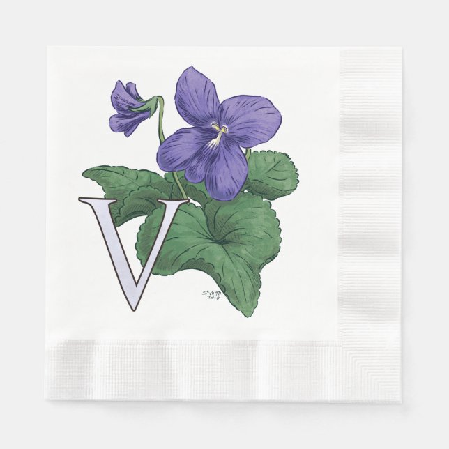 V för Violet Blommigt Monogram Pappersservett (Framsidan)