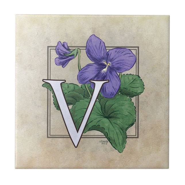 V för Violet Flower Blommigt Monogram Art Kakelplatta (Framsidan)