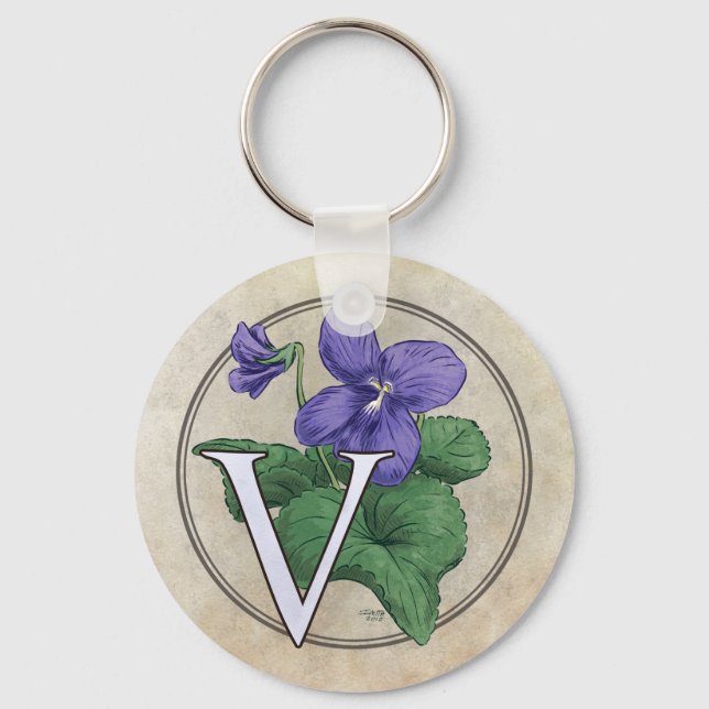 V för Violets Flower Monogram Nyckelring (Framsida)