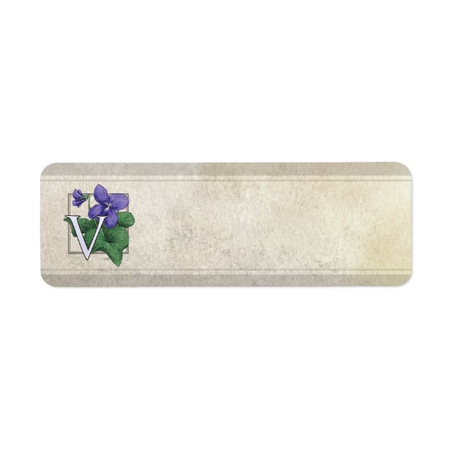 V för Violets Flower Monogram Returadress Etikett (Framsidan)