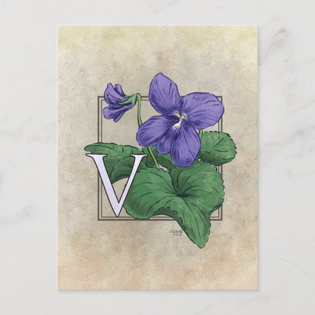 V för Violets Flower Monogram Vykort (Framsida)