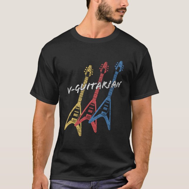 V-Guitarian Stacks Flies V Guitar Guitarist T Shirt (Framsida)