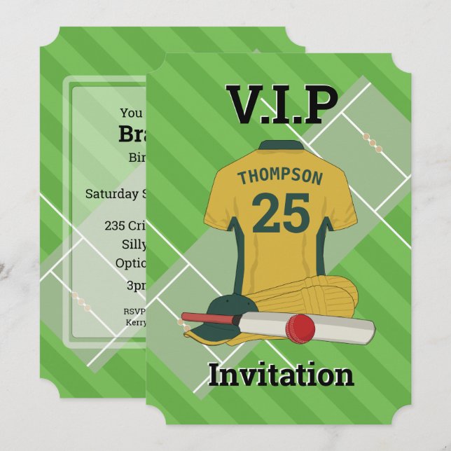 V.I.P Cricket-Födelsedagsfest (GGR) Inbjudningar (Fram/baksida)