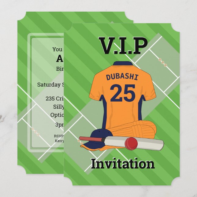V.I.P Cricket-Födelsedagsfest (orange) Inbjudningar (Fram/baksida)