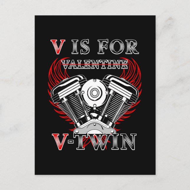V is for Valentine, V-Twin Motorcycle. Biker Vykort (Framsida)