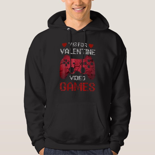 V is for Video Games Valentines Day Gamer Men Boys Hoodie (Framsida)