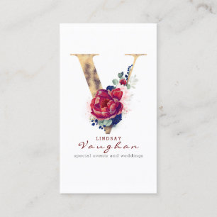 V Monogram Burgundy Guld och marinblå Blommigt Visitkort