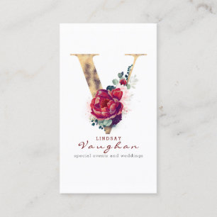 V Monogram Burgundy Red Flower och Guld Glitter Visitkort
