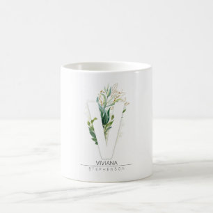 V Monogram Guld Greenery Löv Elegant Namn Kaffemugg