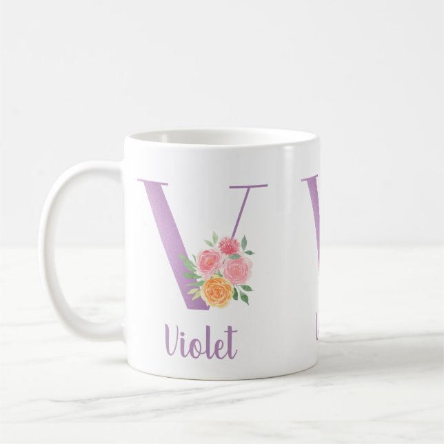 V Monogram Lila Blommig Akvarell Personlig Kaffemugg (Vänster)