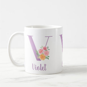 V Monogram Lila Blommigt VattenfärgsPersonlig Kaffemugg