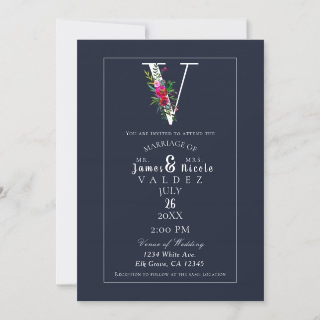 V Monogram Sista Initial Modern Blå Blommig Bröllo Inbjudningar (Framsida)