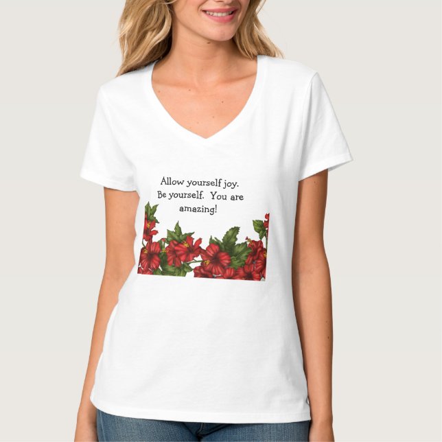 V-ringad t-shirt med hibiskusdesign  (Framsida)
