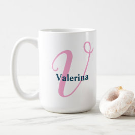 "V" Rosa Finare Script Monogram med flottan Namn Kaffemugg