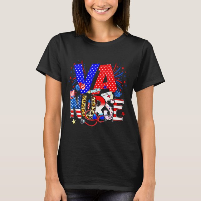 Va Nurse 4th Of July American Flag Stethoscope  T Shirt (Framsida)