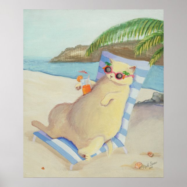 Vacation Beach Cat Under Palm Tree Wall Art Poster (Framsidan)
