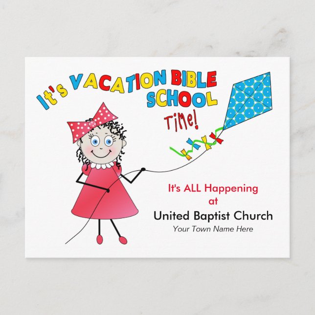 VACATION BIBLE SCHOOL POSTCARD - GIRL FLYING KITE INBJUDAN VYKORT (Framsida)