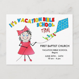 VACATION BIBLE SCHOOL POSTCARD - GIRL FLYING KITE VYKORT