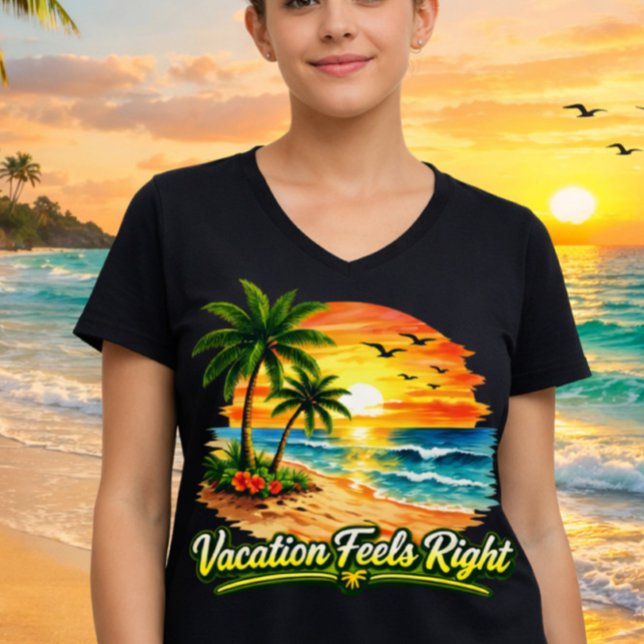 Vacation Feels Right Ocean Sunset V-Neck Tee USA (Skapare uppladdad)