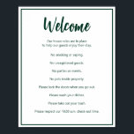 Vacation House Regler Mörk grönt and White Templat Poster<br><div class="desc">Välkomsthälsan visas i ett mörk grönt skript längst upp i detta hus poster regler för ett hyreshus för kort. Ett kort som öppnar påstående ligger under skriptet. Sedan har vi åtta hus regler för ett hyreshus under kort-tiden. Hela texten är mörk grönt. Hela texten kan ändras så att den återspeglar...</div>