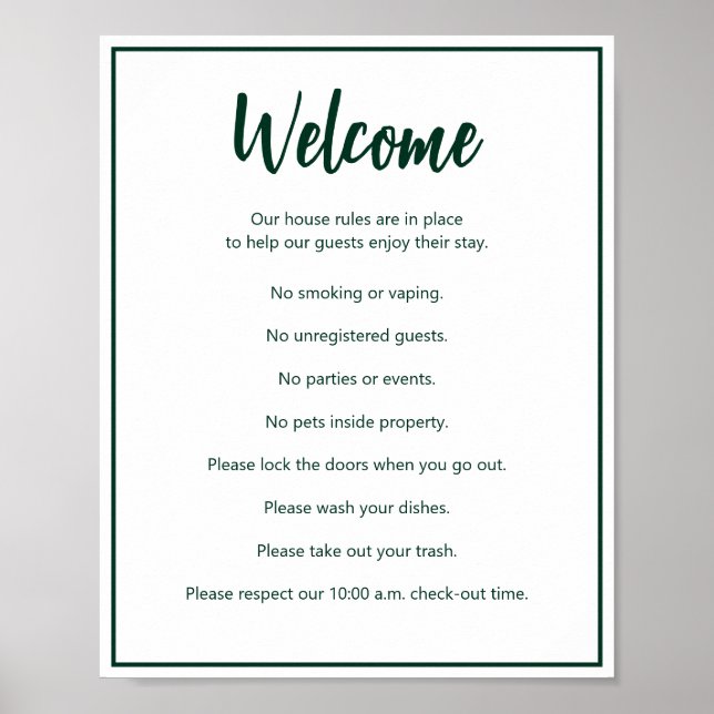 Vacation House Regler Mörk grönt and White Templat Poster (Framsidan)