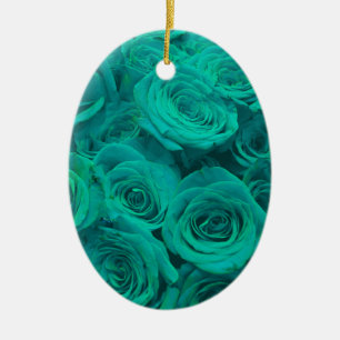 Vackal teal grönt ro teal-blommor julgransprydnad keramik