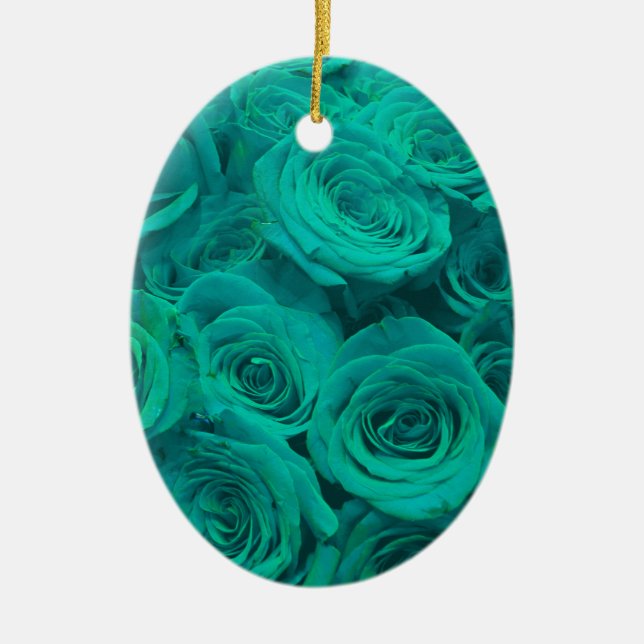 Vackal teal grönt ro teal-blommor julgransprydnad keramik (Framsidan)