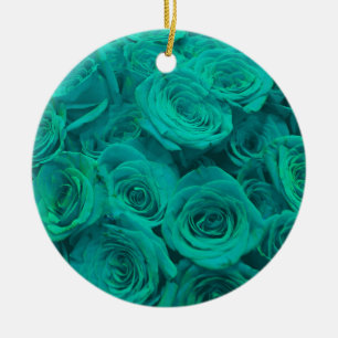 Vackal teal grönt ro teal-blommor julgransprydnad keramik