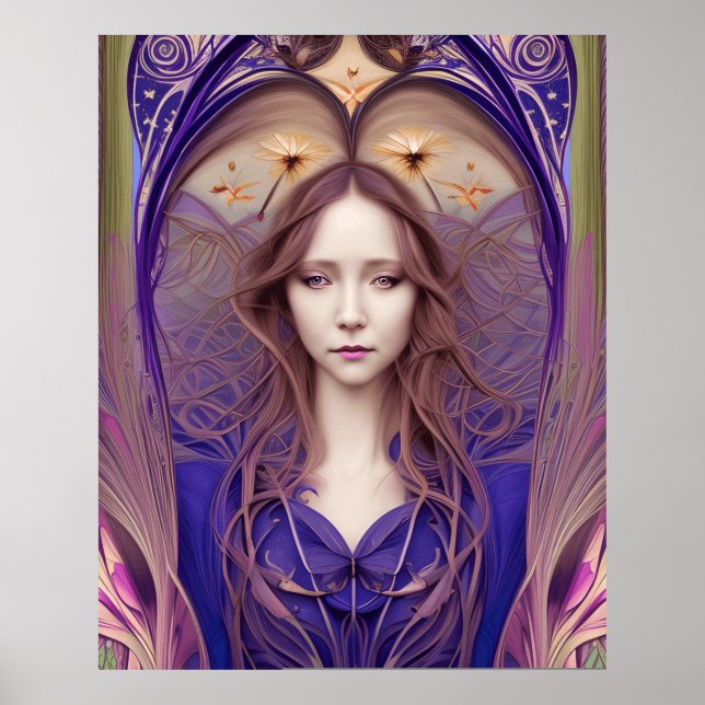 Vackblå Art nouveau blå lila Poster (Framsidan)