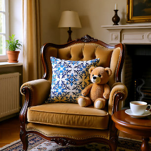 💙 Vackblå Azulejos, storlek liten platta Kudde