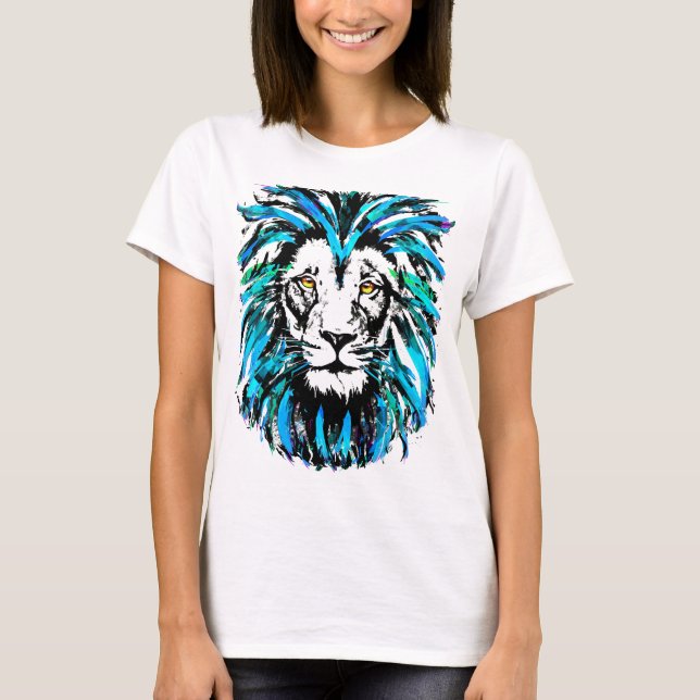 Vackblå Lejon på vit T-Shirt (Framsida)