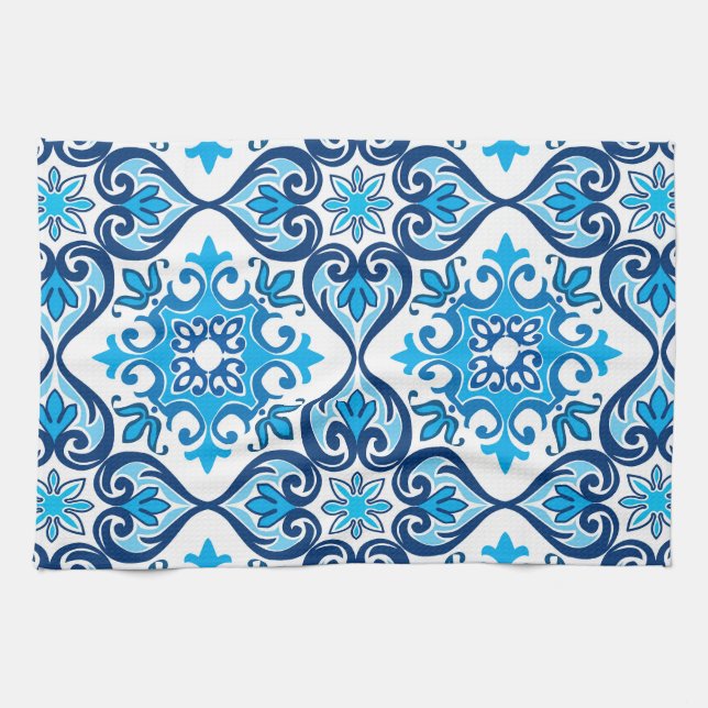 💙 Vackblå - vita Azulejos X, Kitchen T Kökshandduk (Horisontell)