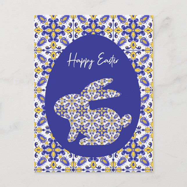 🐰 💙 💛 Vackblått och gult Azulejos Helg Vykort (Framsida)