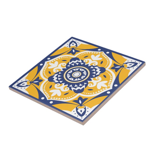 💛 💙 🤍 Vackblått och gult Azulejos Kakelplatta (Sidan)