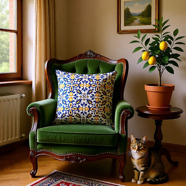 💙 Vackblått och gult Azulejos Kudde (💙💛 Beautiful blue and yellow Azulejos, Throw Pillow)