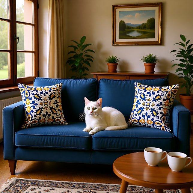 💙 Vackblått och gult Azulejos Kudde (💙💛 Beautiful blue and yellow Azulejos, Throw Pillow)
